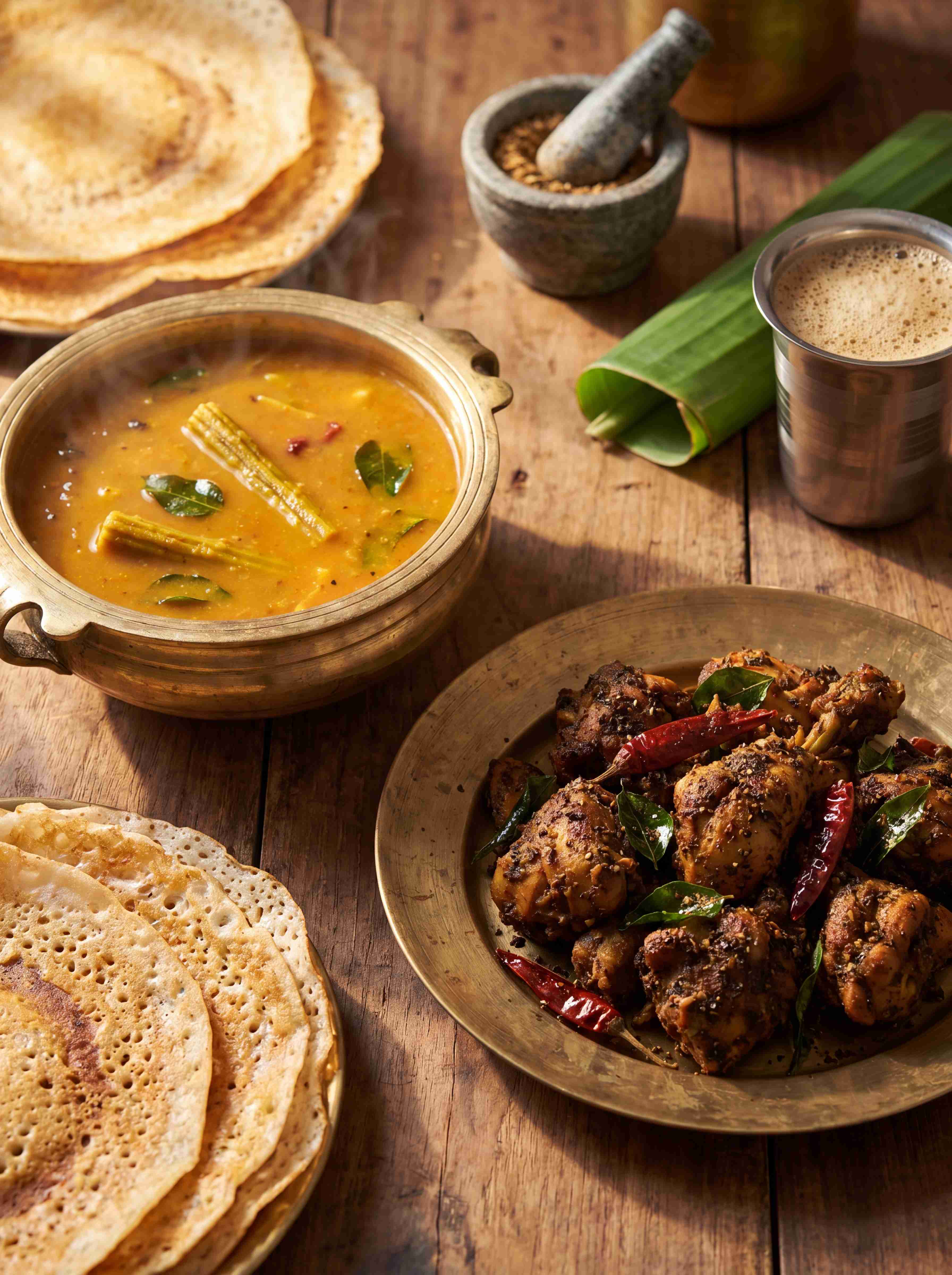 Brass handi of sambar with moringa, plates of dosas, and a plate of Chettinad chicken pepper fry on a rustic wooden table
