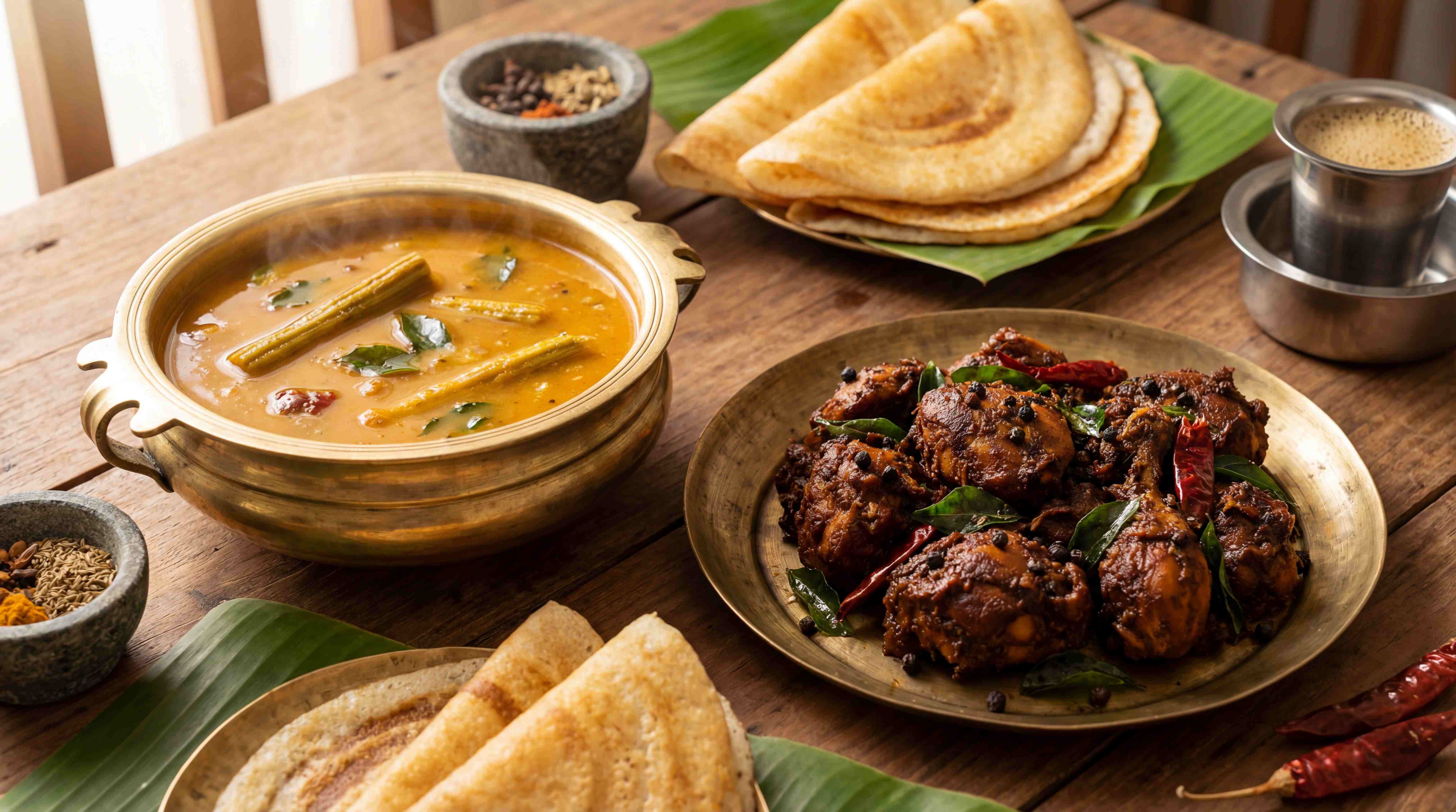 Brass vessels of steaming sambar and Chettinad chicken pepper fry alongside dosas on banana leaves and a stone mortar of whole spices